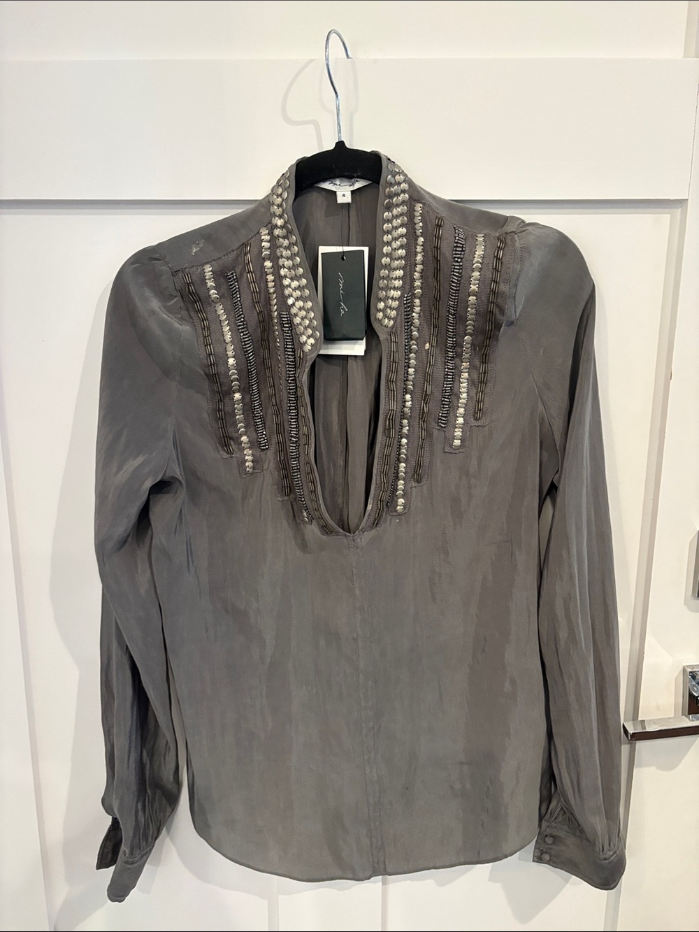 Beaded Embellished Gray Women's Blouse with Deep V-Neck